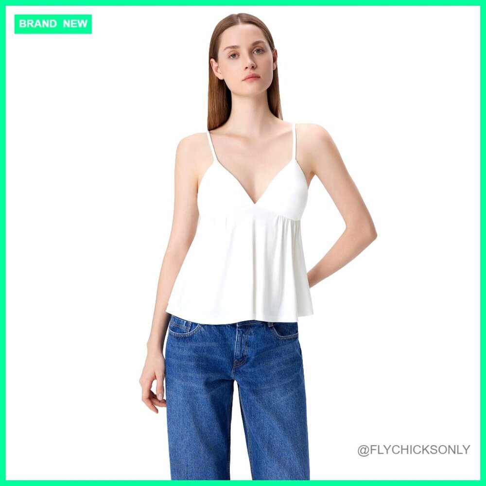V-Neck Babydoll Tank Top with Built-in Bra Peplum Cami Summer Going Out
